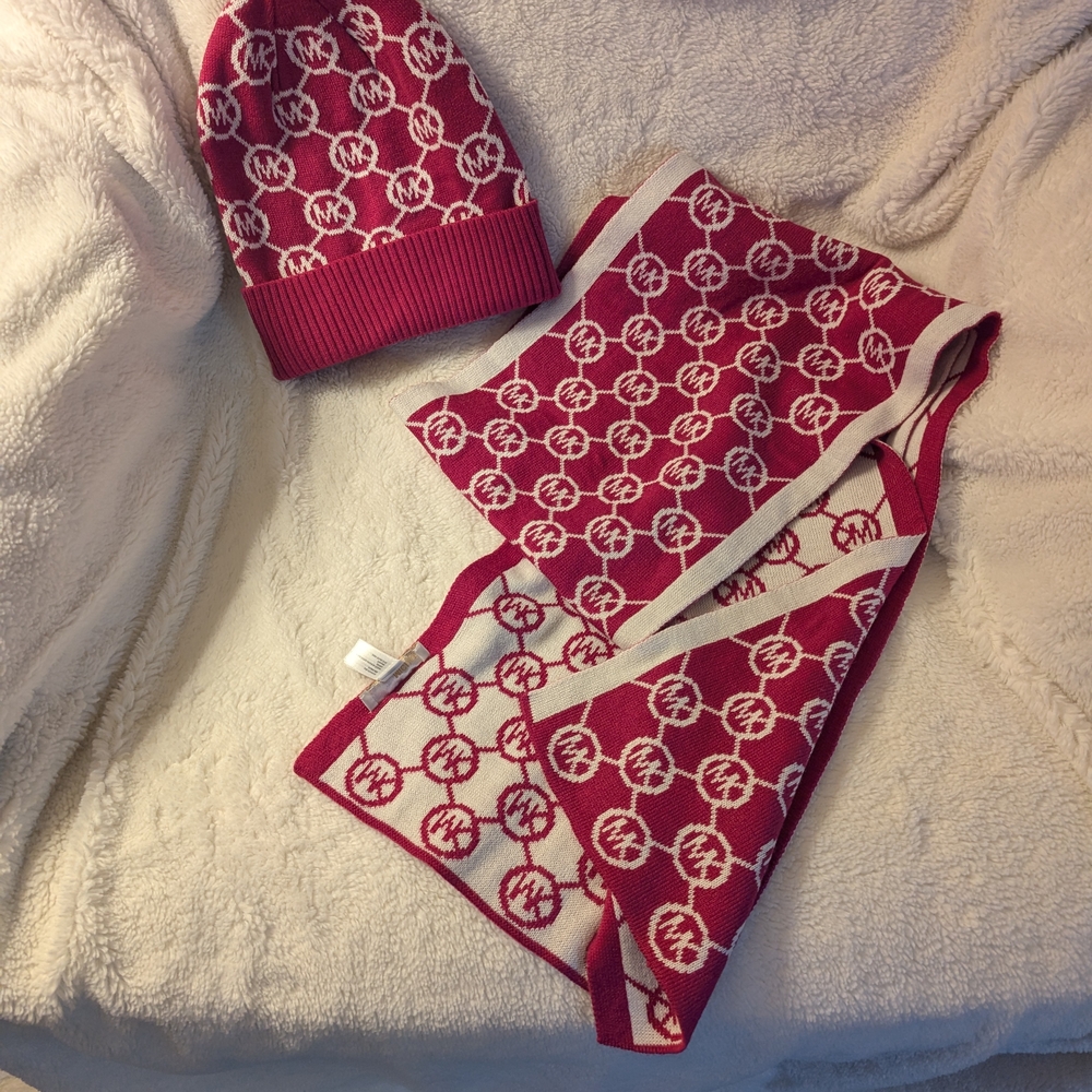 Michael Kors Burgundy and White Logo Beanie and Scarf Set